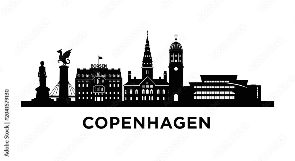 Fototapeta premium Copenhagen Skyline Silhouette: Iconic Cityscape Black and White Vector