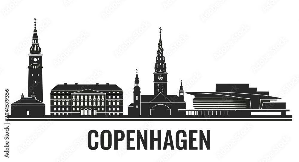 Fototapeta premium Copenhagen, Denmark Skyline Silhouette: Iconic Cityscape Vector