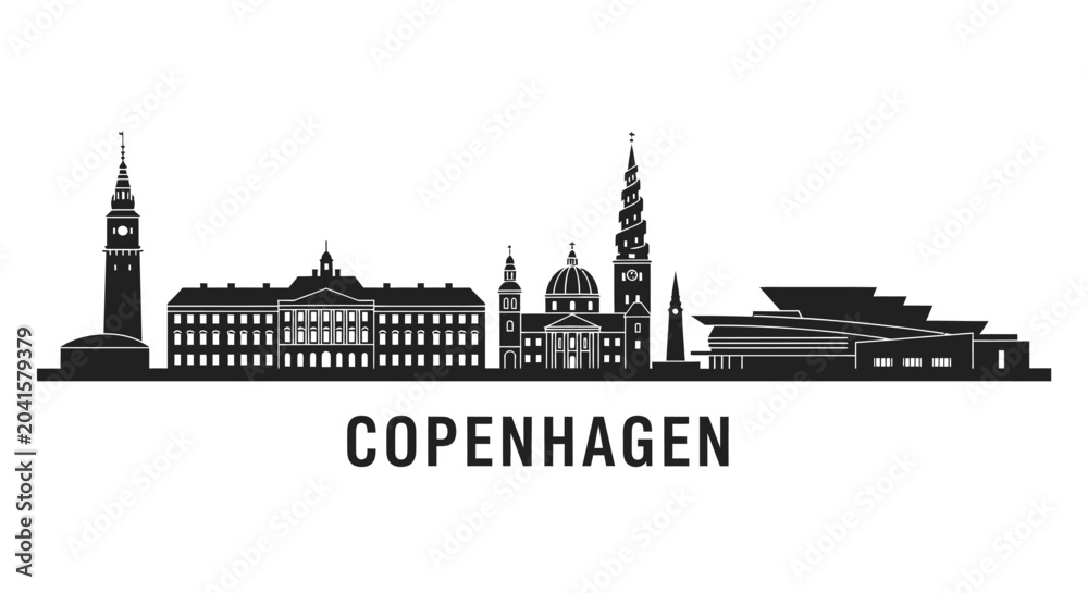 Fototapeta premium Copenhagen, Denmark Skyline Silhouette, Black and White Icon