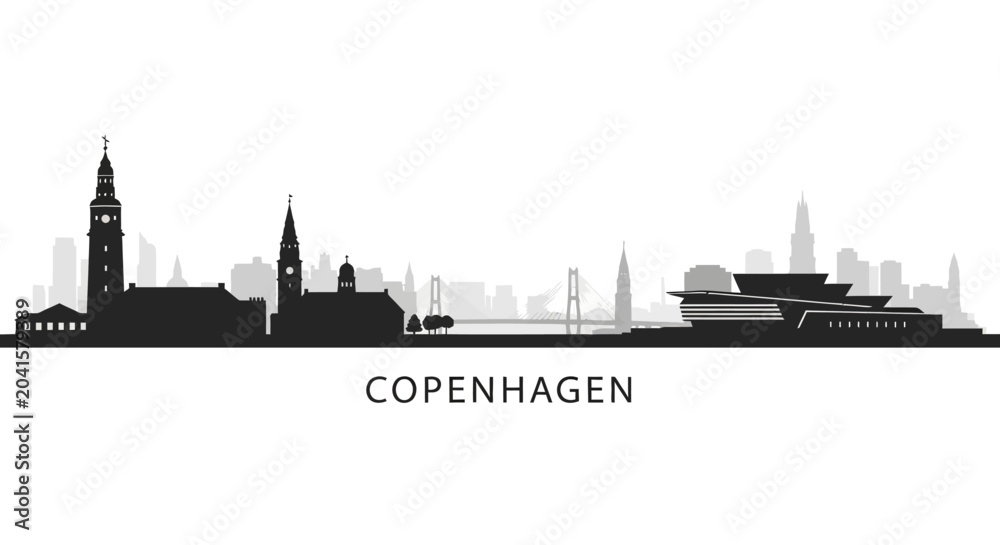 Fototapeta premium Copenhagen, Denmark Skyline Silhouette, Urban Cityscape, Monochrome Vector Illustration
