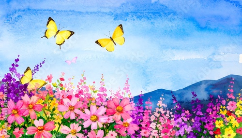 Watercolor style vibrant wildflower meadow with flying butterflies and distant blue mountains under a sunny sky