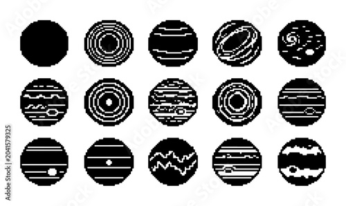 Tableau sur toile Vector Icons of Planets and Celestial Bodies, Stylized Cosmic Orbits, Set of 15