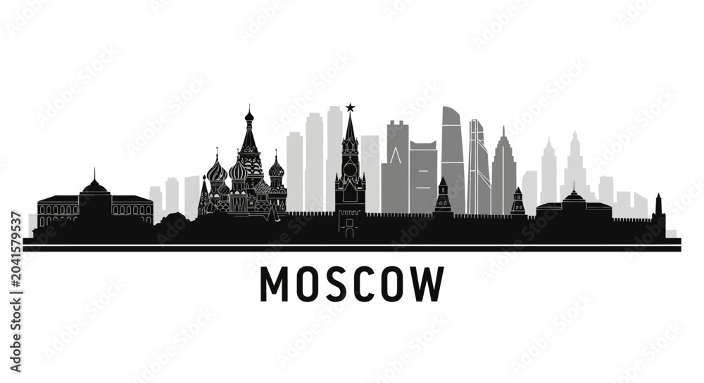 Obraz premium Moscow skyline silhouette: iconic city architecture in grayscale
