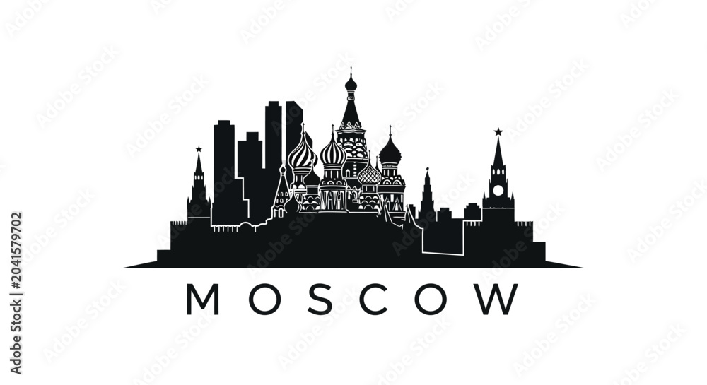 Fototapeta premium Moscow skyline silhouette, black cityscape icon isolated on white