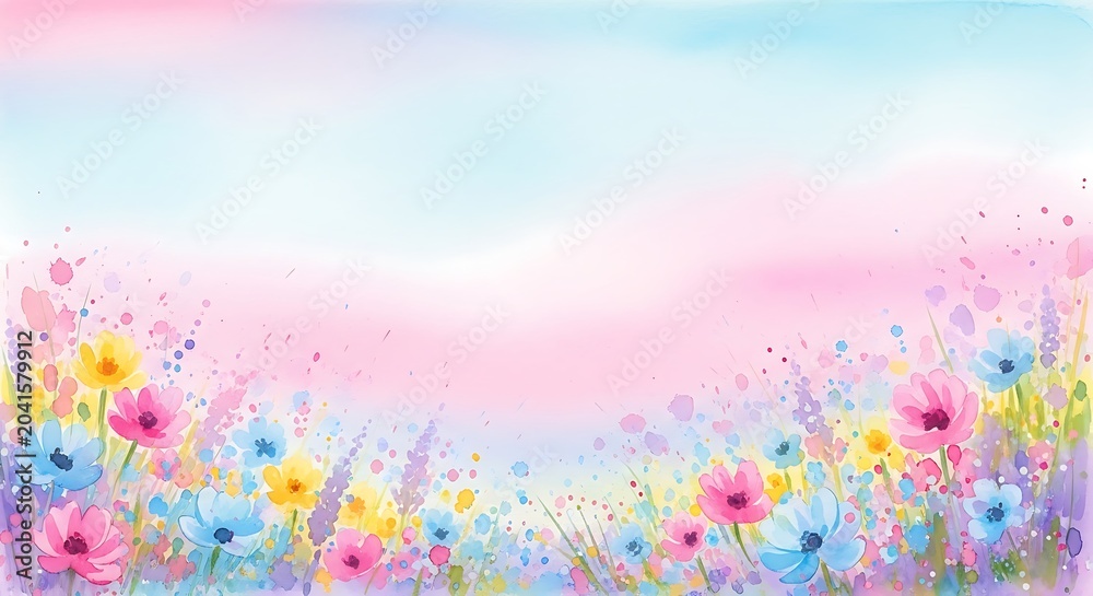 Obraz premium Dreamy pastel watercolor landscape background with colorful floral field