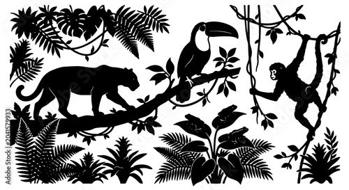 Photography Jungle Silhouette Scene, Tropical Wildlife Vector Art, Exotic Rainforest Element