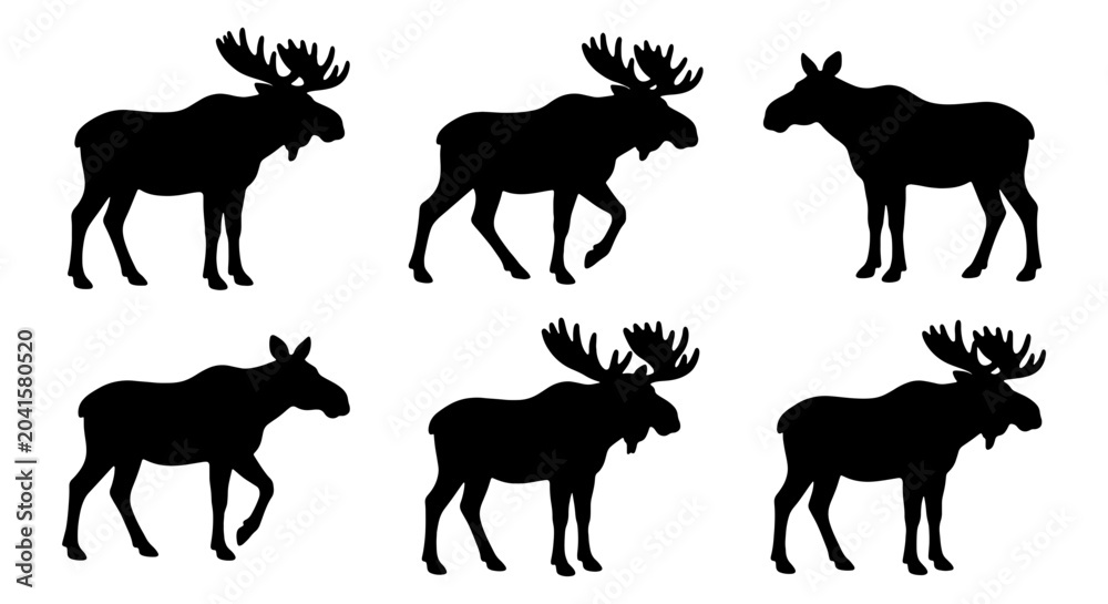 Fototapeta premium Six Black Moose Silhouettes, Wildlife Animal Icons, Forest Creature Vector Graphics, Nature Mammal Illustrations for Design