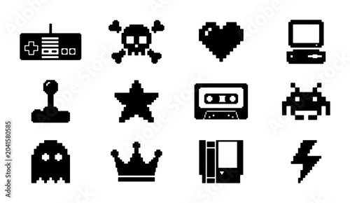 Retro Pixel Art Gaming Icons Set, 12 Vector Graphics for Digital Entertainment and Nostalgic Design Projects