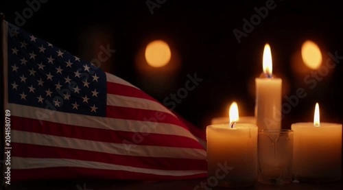 American flags and burning candles glowing in dark background for memorial day remembrance tribute