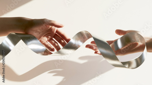 Hands reaching through paper ribbon