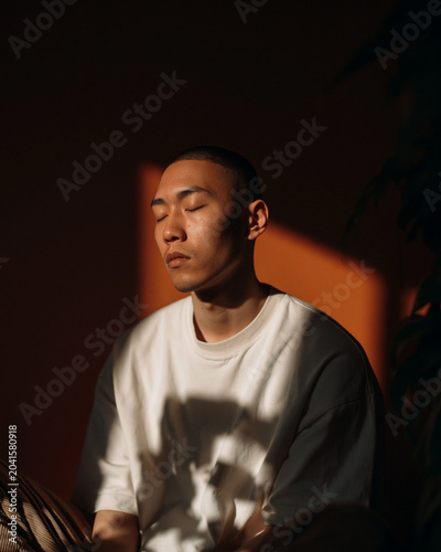 Thoughtful man sitting in dramatic sunlight