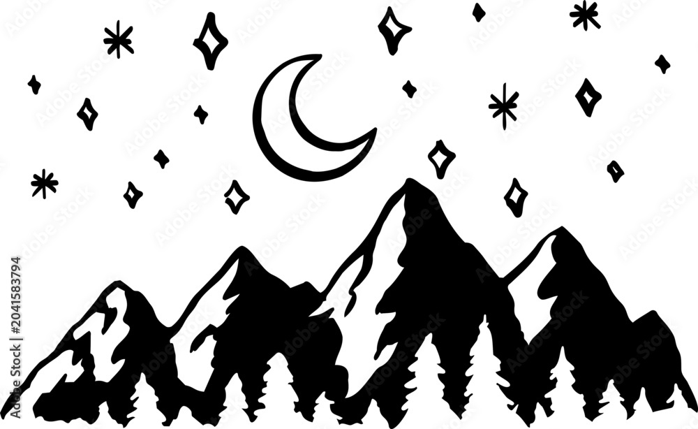 Fototapeta premium Hand drawn Mountain logo Moon and Nature Element 
