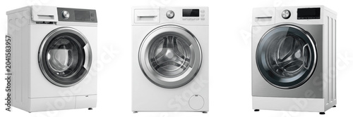 Obraz na płótnie A Set of Three front load washing machines, modern white laundry appliances with