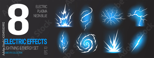 Vászonkép Effect blue bolt with anime thunder lightning and energy light neon