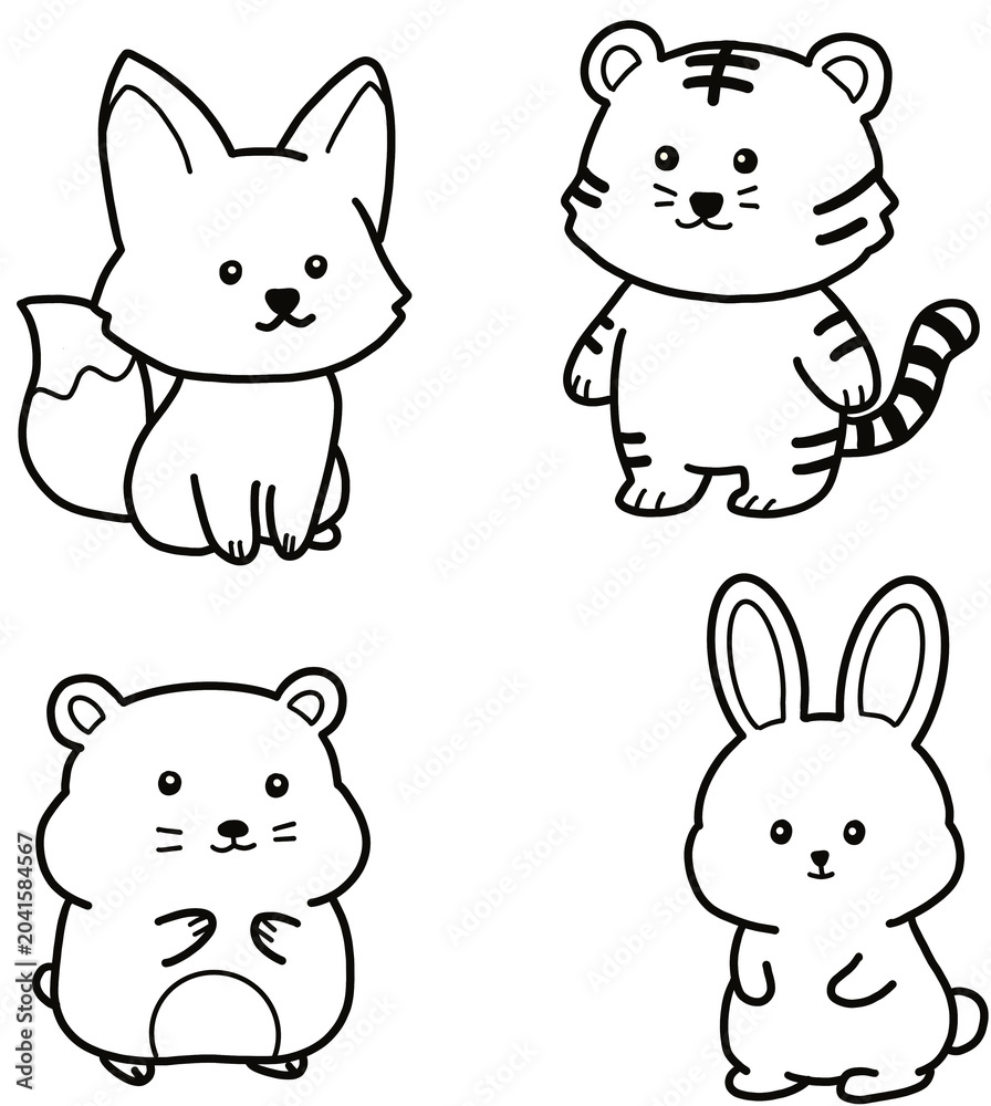 Fototapeta premium Cute animal friends doodle bundle featuring fox, tiger, hamster, and rabbit, hand-drawn black and white line art set isolated on transparent background