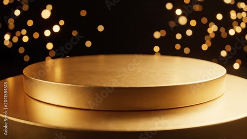 Golden circular podium display stand for luxurious product presentation against sparkling bokeh lights