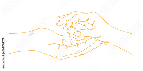 Obraz na plátně Continuous line drawing of a wedding ring held by gentle hands symbolizing trust, commitment, and partnership, line art vector illustration