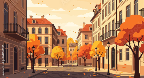 Tablou pe pânză Autumn street scene with colorful trees and historic buildings, falling leaves
