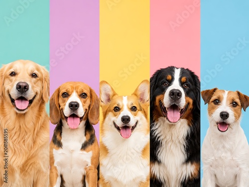 A group of happy dogs with different breeds and colorful backgrounds