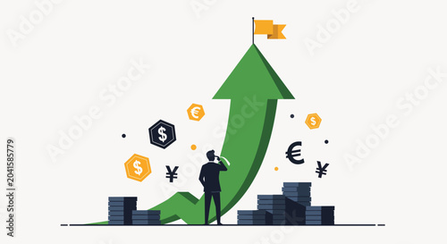 Silhouette of businessman looking at a rising green arrow graph with currency symbols and coins, suitable for financial growth, investment strategy and economic progress.