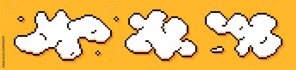 Fototapeta premium Three pixel game art white clouds on yellow background.