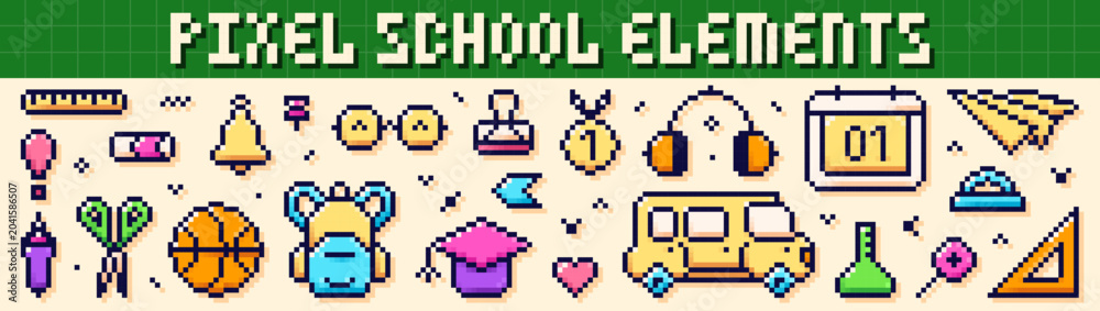 Obraz premium Collection with back to School pixel art color elements. Backpack, bell, glasses, headphones, calendar, school bus, paper airplane, basketball, flask, protractor, angle ruler, paper clip.