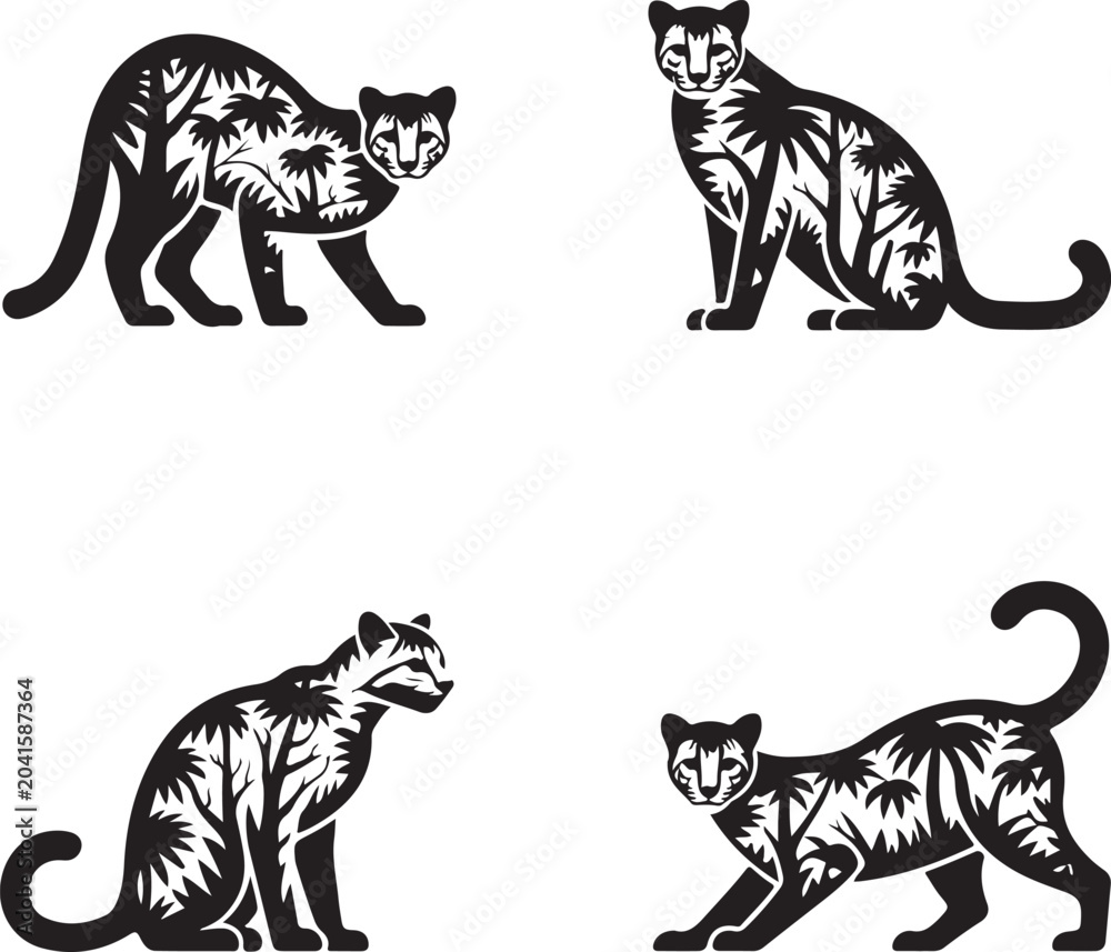 Fototapeta premium Four black silhouettes of a cougar or mountain lion with a decorative jungle palm tree pattern inside the body on white background