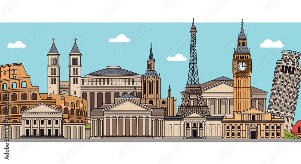 Obraz premium Famous European Landmarks Skyline Illustration - Travel and Architecture Collage