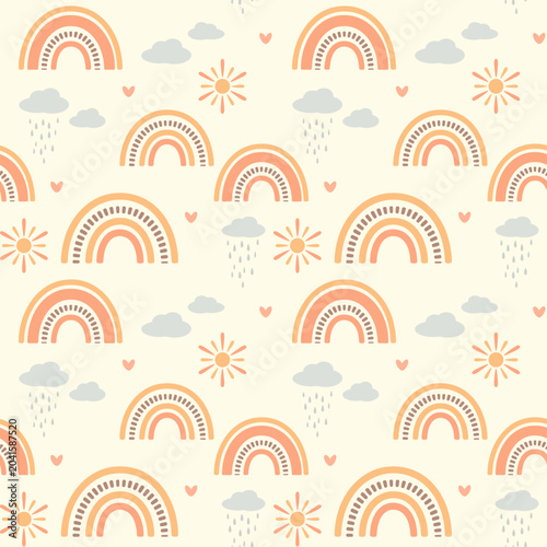 Boho rainbow seamless vector pattern with sun and clouds in pastel colors