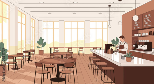 Barista preparing coffee at counter in modern cafe interior with tables and chairs
