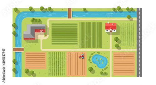 Canvastavla Aerial View: Rural Farm Landscape with Tractor, Fields, River, and House