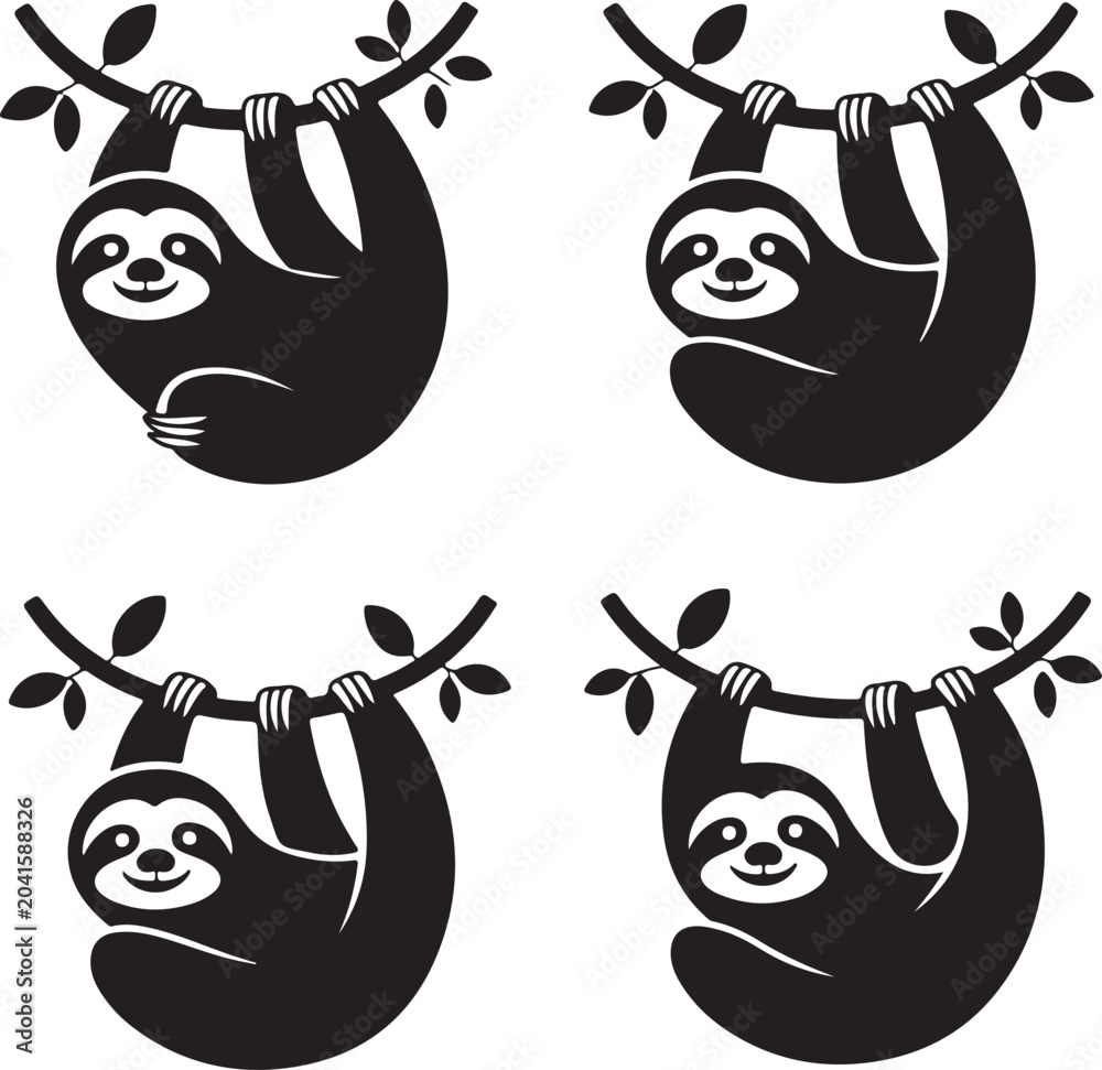 Obraz premium Set of four black and white sloth silhouettes, isolated on a white background, hanging from tree branches with leaves and smiling faces