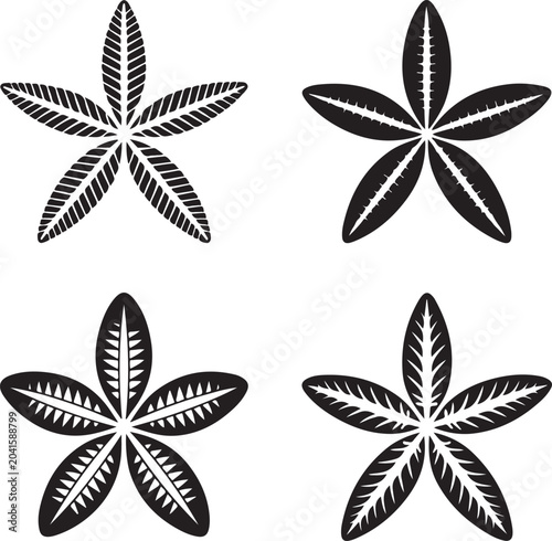 Set of four black silhouette of stylized starfish with varied textured patterns, isolated on a white background, for marine