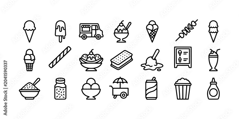 Naklejka premium Icon set collection of delicious ice cream treats and snacks, featuring frozen desserts and shop equipment in outline style.