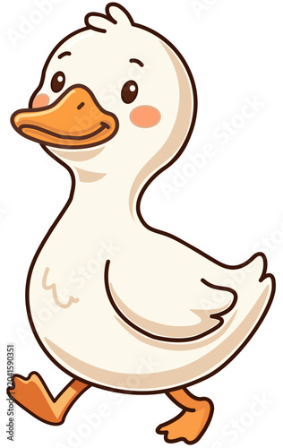 Cute white cartoon duck walking happily, vector illustration isolated on white background.