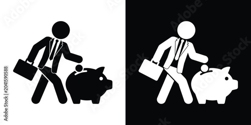 Foto Businessman with briefcase saving money in a piggy bank vector icon