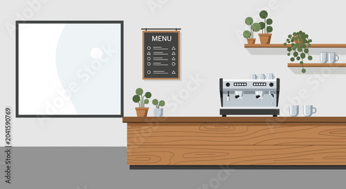 Canvastavla Modern Coffee Shop Counter with Espresso Machine, Menu Board and Plants