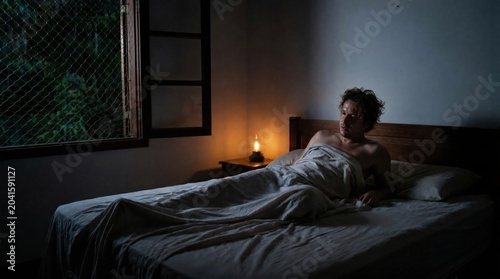 A sweating shirtless man lying on a bed suffering from extreme heat in a dark bedroom at night.