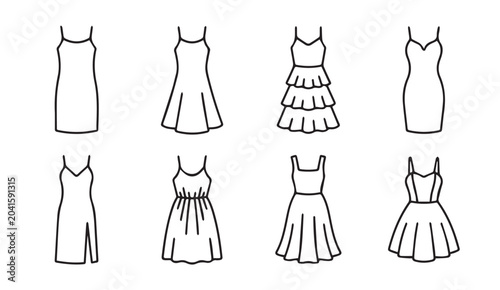 Collection of simple line drawing dresses on white background for fashion design concepts