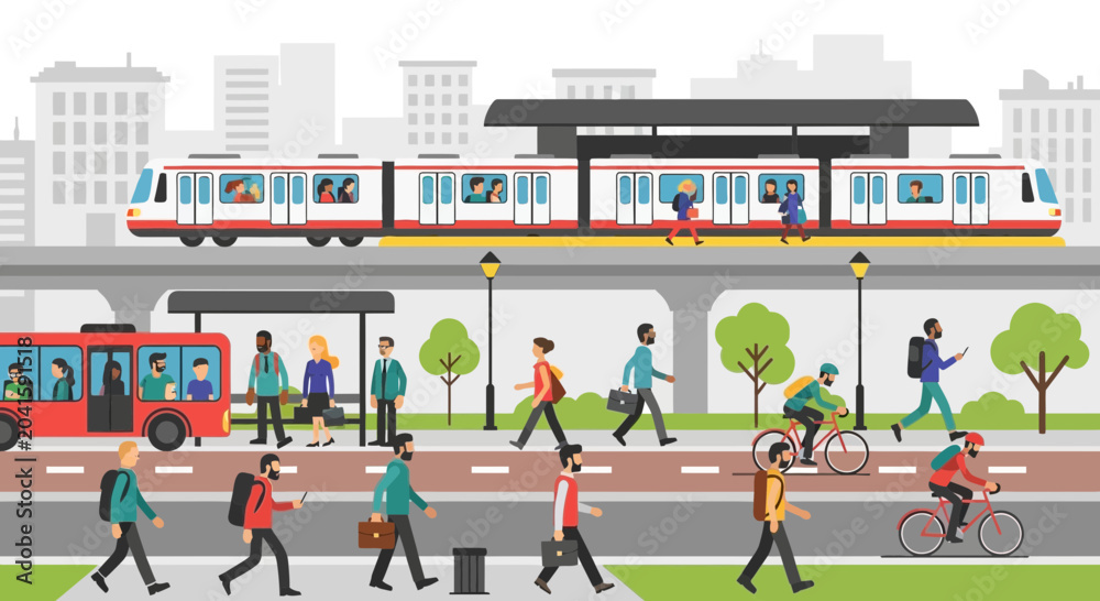 Obraz premium Diverse people commuting in a modern city with public transport: train, bus, bicycles.