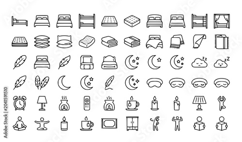 Foto Minimalist Bedding and Bedroom Outline Icons Collection Vector Illustration