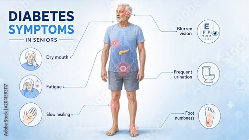 3D medical infographic of diabetes symptoms in seniors. Anatomy of an elderly man showing affected organs and health signs