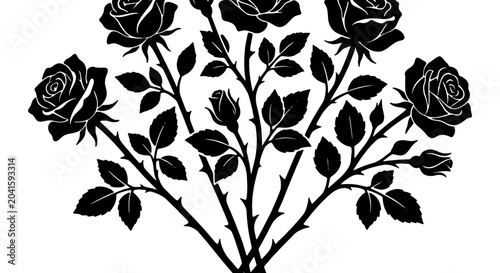 Photography Elegant Black Rose Bush Silhouette Vector, Romantic Floral Arrangement, Classic