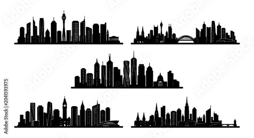 Schilderij op canvas Modern Cityscape Silhouettes, Urban Skyline Collection, Diverse Architectural Ve