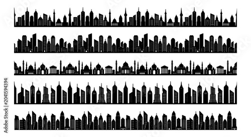 Quadro su tela Diverse Cityscape Silhouettes, Urban Skyline Vectors, Modern Architecture Border