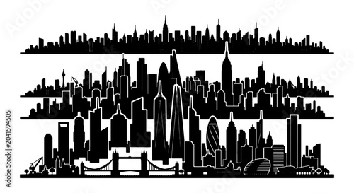 Obraz na plátně Modern Cityscape Silhouettes, Urban Skyline Collection, Architectural Icons, Bla