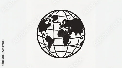 Minimalist black and white globe illustration with grid lines and continents outline