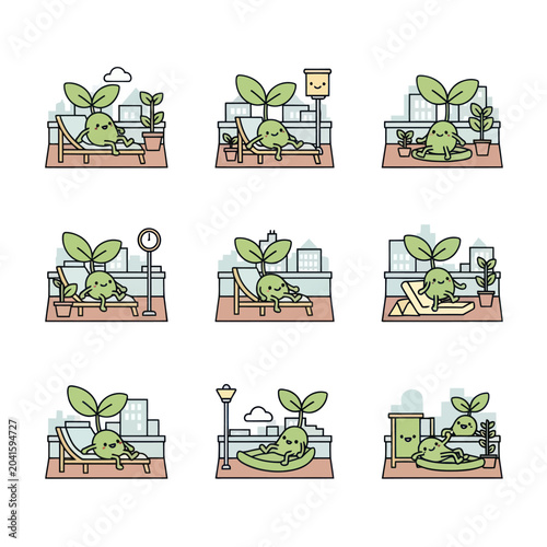 Foto Cute cartoon plant character enjoying various relaxing activities and self-care routines