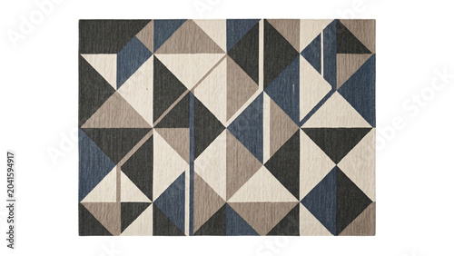Geometric patterned rug in shades of beige, brown, grey, and blue, abstract modern design for home interiors, seen from directly above isolated on transparent background for interior decoration