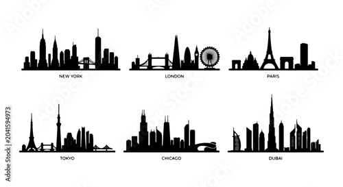 Photos Global City Skylines Vector Silhouettes: New York, London, Paris, Tokyo, Chicago